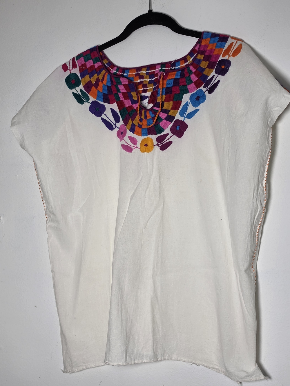 Vintage 70s Mexican Colorful Bright Embroidered Boxy Cotton Blouse